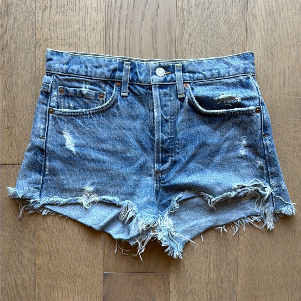 Agolde Blue High-Waisted Distressed Jean Shorts
